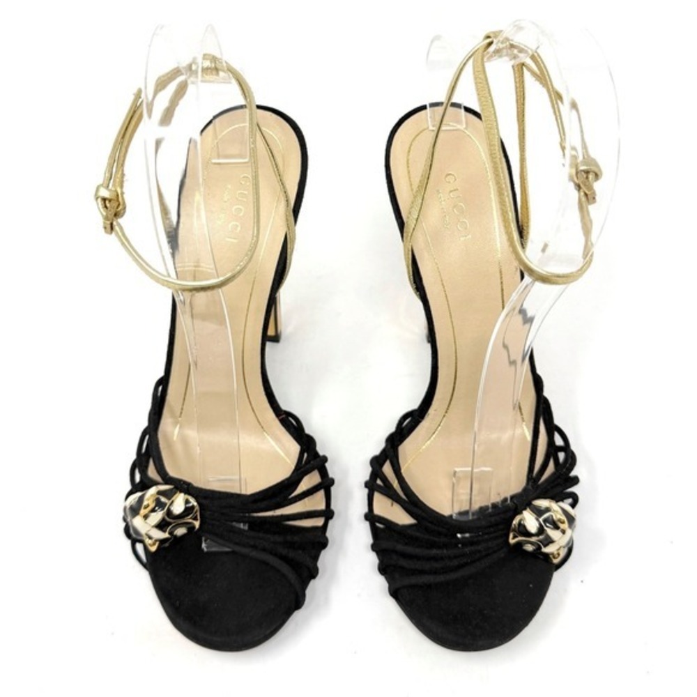 Gucci Black Suede Platform Heels Gold‎ Heel Panther Charm Sandals 38 - Picture 3 of 11